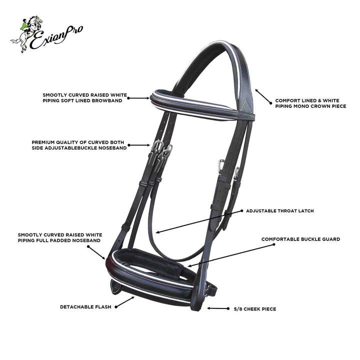 ExionPro Comfort Lined White Piping Broad Dressage Bridle With Web Reins-Bridles-Bridles & Reins