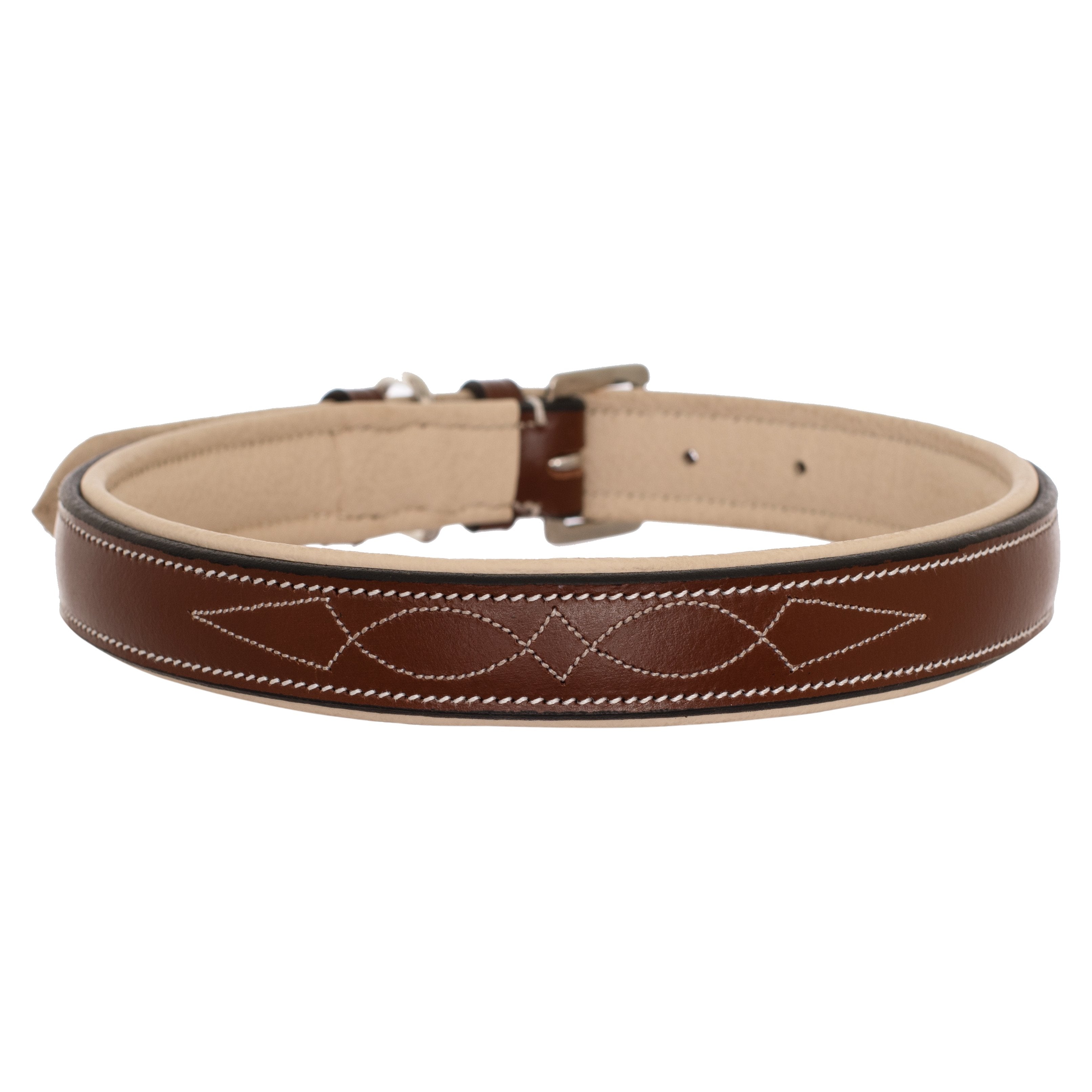 ExionPro Fancy Stitched Padded Leather Dog Collar Beige Padding