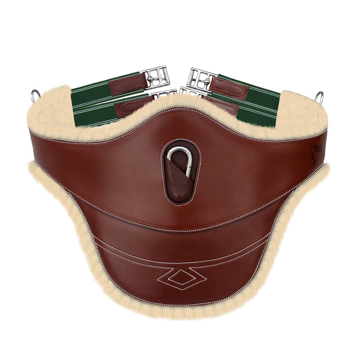 ExionPro Thick Lined Fancy Belly Guard Girth with Leather/Sheepskin Padding and Snap Hook - Green Elastic with White Lines-Girths-Bridles & Reins