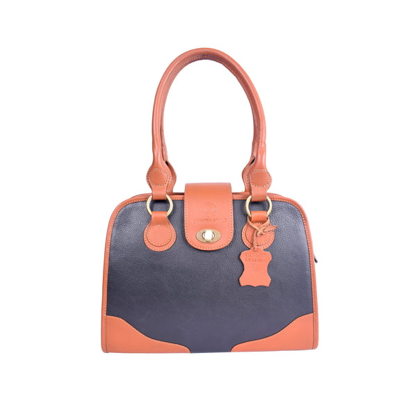 ExionPro Grain Leather Tan Black Snap Top Hand Handbags For Women-Leather Bags-Bridles & Reins