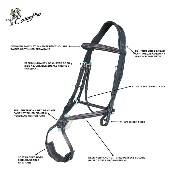 ExionPro Broad Crownpiece Designer Fully Adjustable Figure 8 Bridle with Reins-Bridles-Bridles & Reins