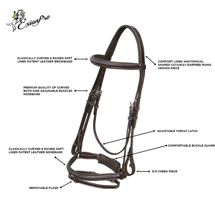 ExionPro Glossy Leather Dressage Bridle with Leather Reins-Bridles-Bridles & Reins