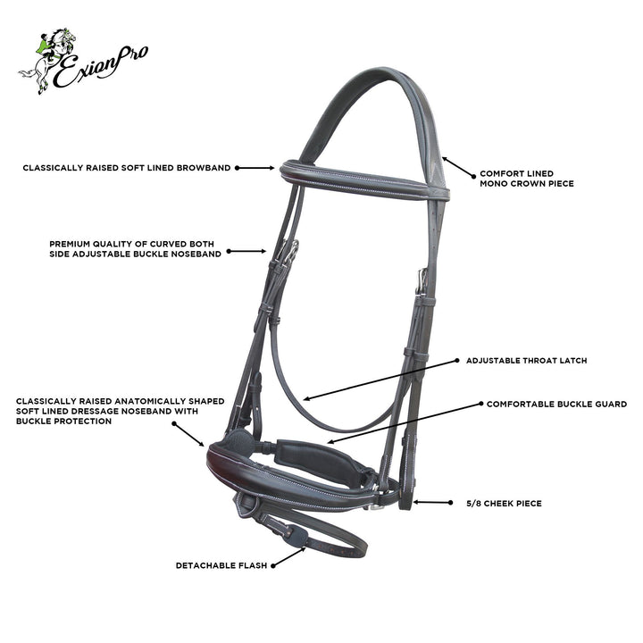 ExionPro Dressage Bridle: Mono Crown, Raised Browband, Anatomical Noseband, Detachable Flash & Web Reins-Bridles-Bridles & Reins