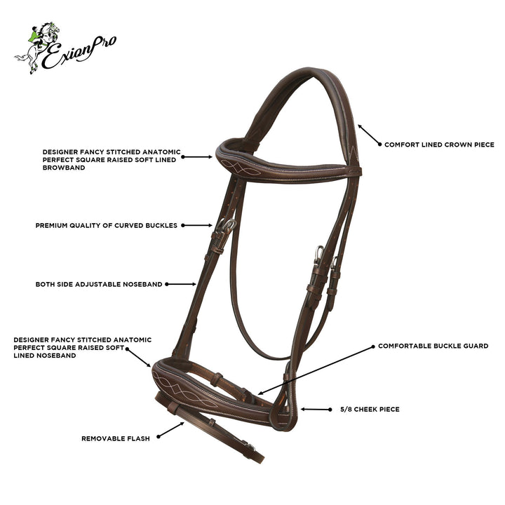 ExionPro Fancy Stitched Raised Anatomical Bridle with Rubber Reins-Bridles-Bridles & Reins