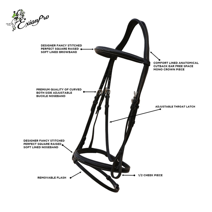 ExionPro Designer Stitched Snaffle Noseband & Figure 8 Noseband Combo Bridle with Laced Reins-Bridles-Bridles & Reins