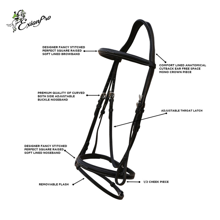 ExionPro Designer Stitched Snaffle Noseband & Figure 8 Noseband Combo Bridle with Reins-Bridles-Bridles & Reins