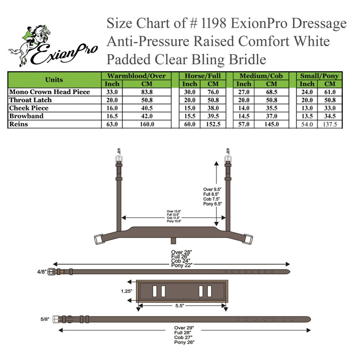 ExionPro Dressage Anti-Pressure Raised Comfort White Padded Clear Bling Bridle-Bridles-Bridles & Reins