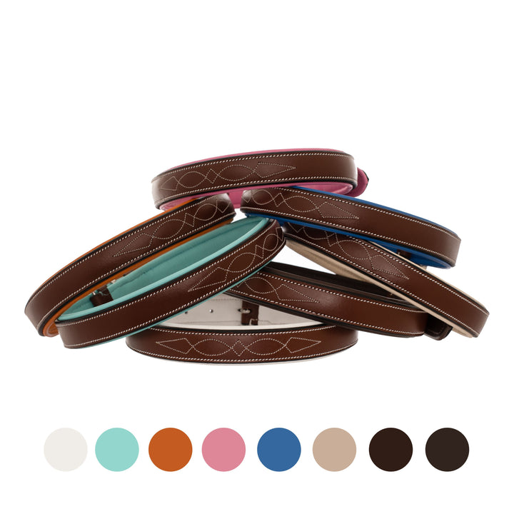 ExionPro Fancy Stitched Padded Leather Dog Collar - Conker Padding-Dog Collars-Bridles & Reins