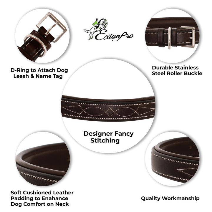 ExionPro Fancy Stitched Padded Leather Dog Collar - Pink Padding-Dog Collars-Bridles & Reins