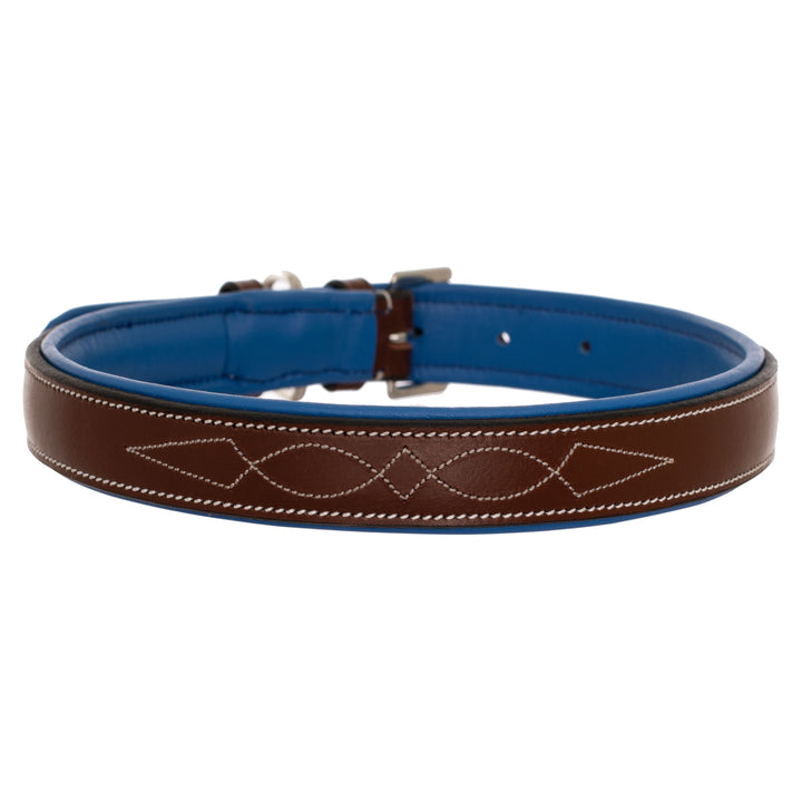 ExionPro Fancy Stitched Padded Leather Dog Collar - Blue Padding-Dog Collars-Bridles & Reins