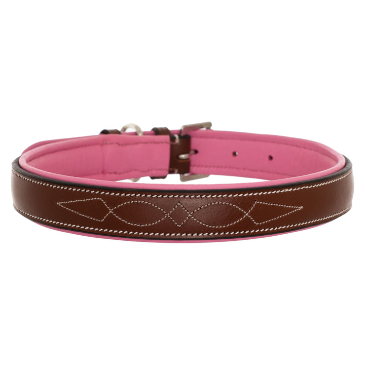 ExionPro Fancy Stitched Padded Leather Dog Collar - Pink Padding-Dog Collars-Bridles & Reins