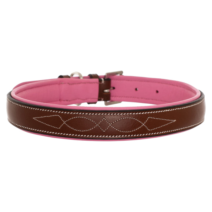 Leather Dog Collars ExionPro Fancy Stitched Dog Collar With Pink