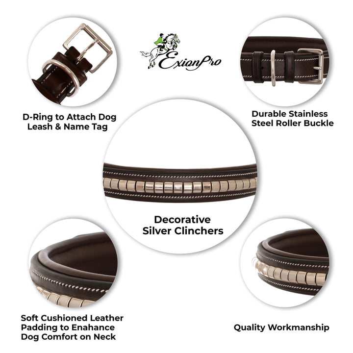 ExionPro Silver Clincher Padded Leather Dog Collar - Brown Padding-Dog Collars-Bridles & Reins