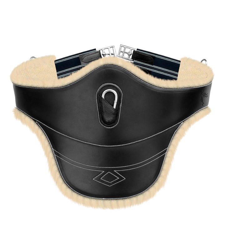 ExionPro Thick Lined Fancy Belly Guard Girth with Leather/Sheepskin Padding and Snap Hook - Navy Blue Elastic with White Lines-Girths-Bridles & Reins
