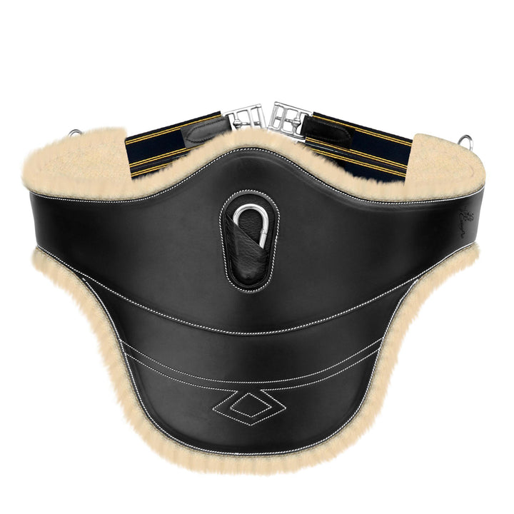 ExionPro Thick Lined Fancy Belly Guard Girth with Leather/Sheepskin Padding and Snap Hook - Navy Blue Elastic with Yellow Lines-Girths-Bridles & Reins