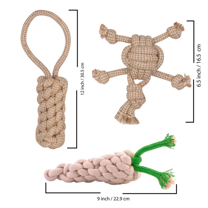 ExionPro Rope Chew Dog Toys Combo Bundle Pack for Small, Medium Dogs for Playing and Training - Dummy, Radish and Turtle-Dog Toys-Bridles & Reins
