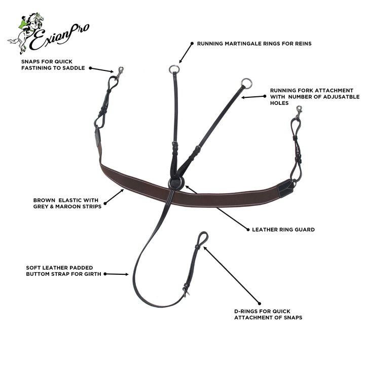 ExionPro Brown Elastic with Grey & Maroon Lines Horse Breastplate with Girth Strap-Horse Breastplates-Bridles & Reins