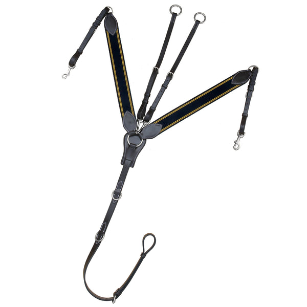 ExionPro Padded Leaf Shape Horse Breastplate with Running Attachment - Navy Blue Elastic & Yellow Lines-Horse Breastplates-Bridles & Reins