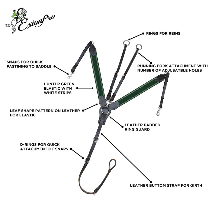 ExionPro Padded Leaf Shape Horse Breastplate with Running Attachment - Green Elastic & White Lines-Horse Breastplates-Bridles & Reins