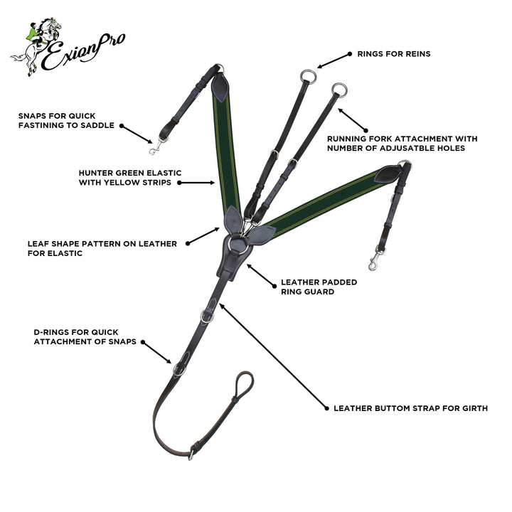 ExionPro Padded Leaf Shape Horse Breastplate with Running Attachment - Green Elastic & Yellow Lines-Horse Breastplates-Bridles & Reins