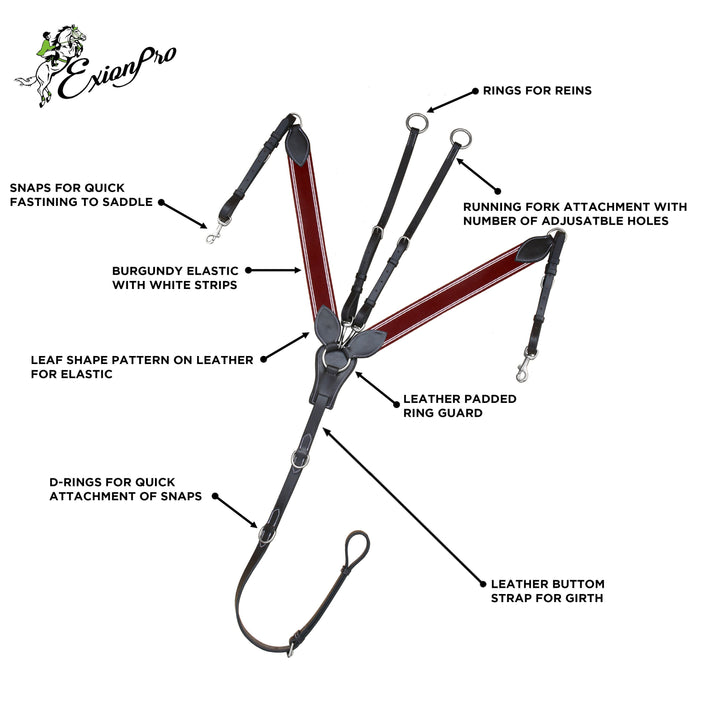 ExionPro Padded Leaf Shape Horse Breastplate with Running Attachment - Burgundy Elastic & White Lines-Horse Breastplates-Bridles & Reins