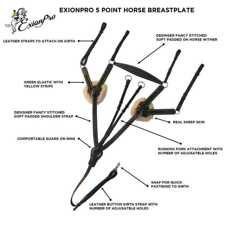 ExionPro 5 Point Breastplate with Running Attachment and Sheepskin Fur Padding - Green Elastic & Yellow Lines-Horse Breastplates-Bridles & Reins