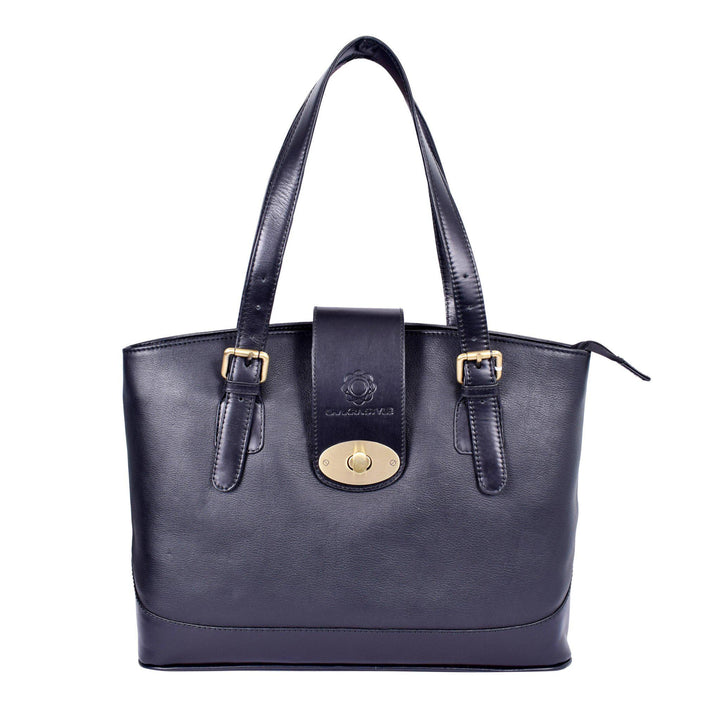 ExionPro Beautiful & Elegant Center Strap Lock Black Grain Leather Hand Bag-Leather Bags-Bridles & Reins