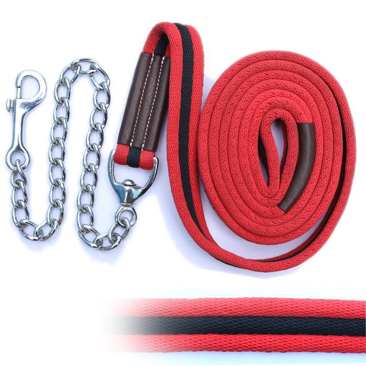 ExionPro Majestic Red Web Cushion Leads With Black Strip along with Solid Brass Chain-Leads-Bridles & Reins