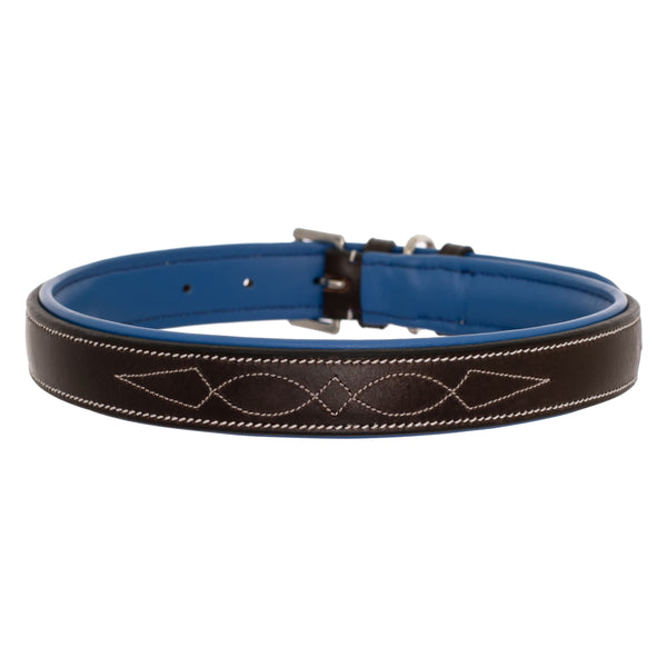 ExionPro Fancy Stitched Padded Leather Dog Collar - Blue Padding-Dog Collars-Bridles & Reins