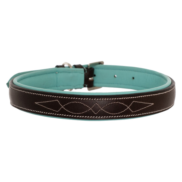 ExionPro Fancy Stitched Padded Leather Dog Collar - Sky Blue Padding-Dog Collars-Bridles & Reins