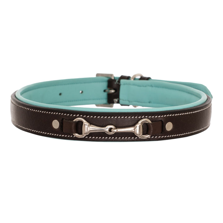 ExionPro Silver Snaffle Padded Leather Dog Collar - Sky Blue Padding-Dog Collars-Bridles & Reins