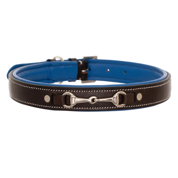 ExionPro Silver Snaffle Padded Leather Dog Collar - Blue Padding-Dog Collars-Bridles & Reins