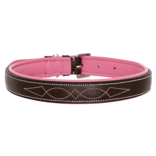 ExionPro Fancy Stitched Padded Leather Dog Collar - Pink Padding-Dog Collars-Bridles & Reins