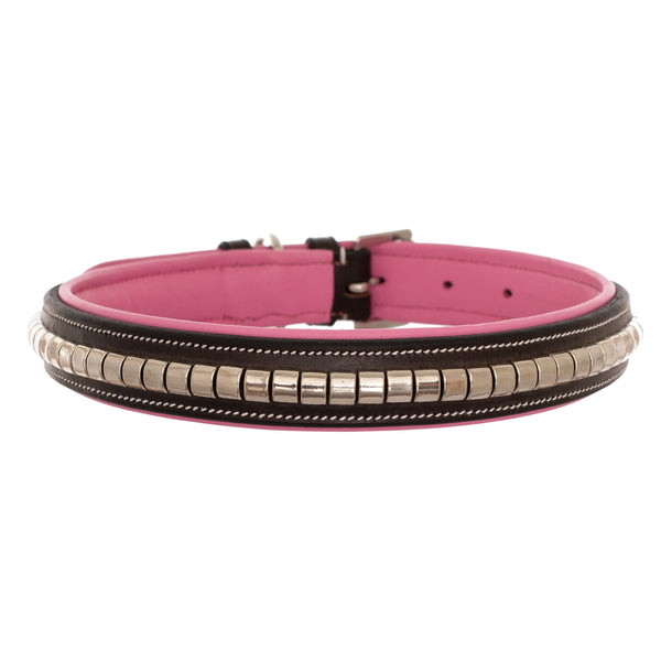 ExionPro Silver Clincher Padded Leather Dog Collar - Pink Padding-Dog Collars-Bridles & Reins