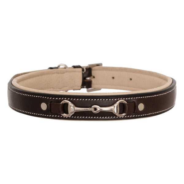 ExionPro Silver Snaffle Padded Leather Dog Collar - Beige Padding-Dog Collars-Bridles & Reins