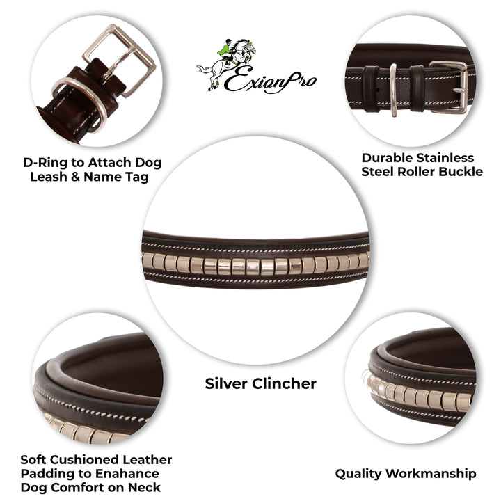 ExionPro Silver Clincher Padded Leather Dog Collar - Pink Padding-Dog Collars-Bridles & Reins