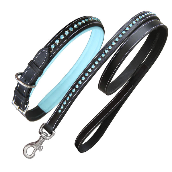 ExionPro Blue Bling Dog Collar With Lead-Dog Leads with Dog Collars-Bridles & Reins