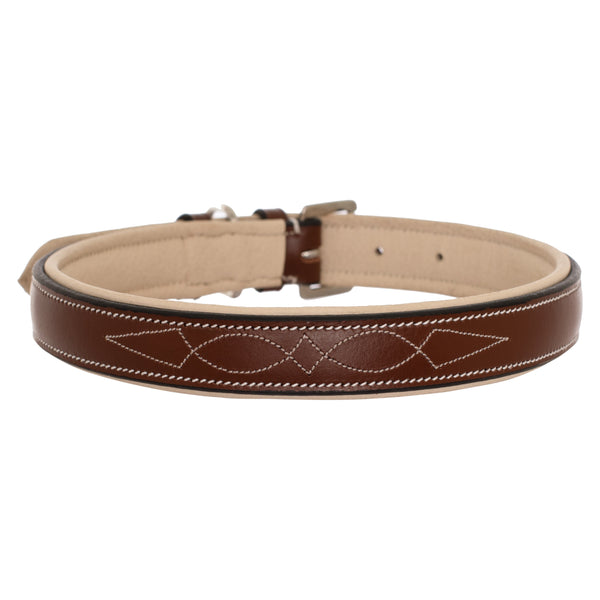 ExionPro Fancy Stitched Padded Leather Dog Collar - Beige Padding-Dog Collars-Bridles & Reins
