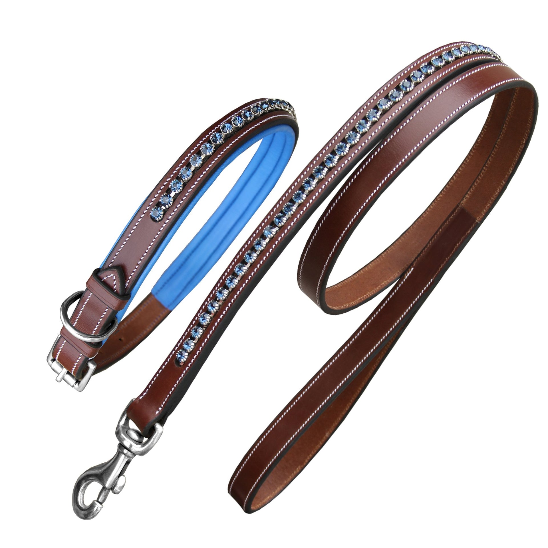 ExionPro Dark Blue Bling Dog Collar With Leash Havana (Choco Brown) 45 cm 18 inches 110 cm 44 inches
