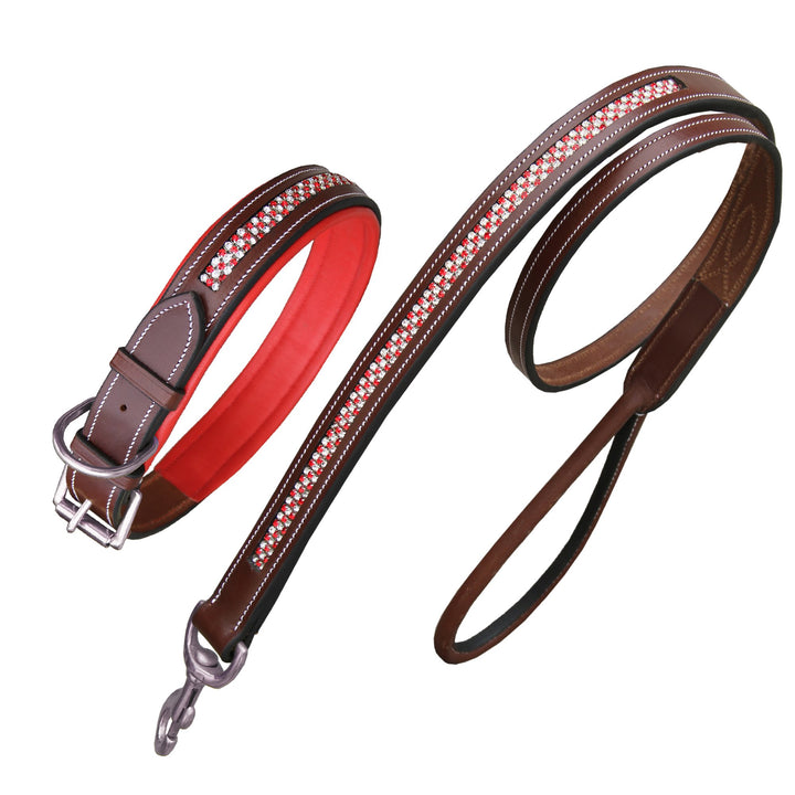 ExionPro Red Bling Padded Dog Collar With Dog Lead-Dog Leads with Dog Collars-Bridles & Reins