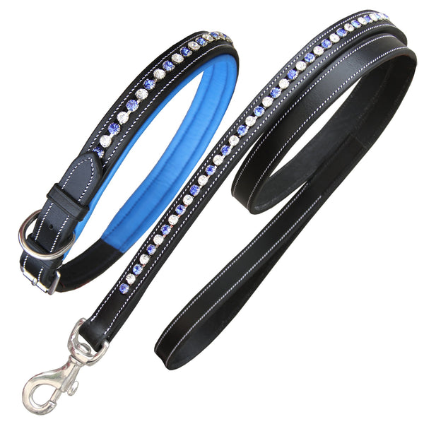 ExionPro White & Blue Bling Dog Collar With Lead-Dog Leads with Dog Collars-Bridles & Reins