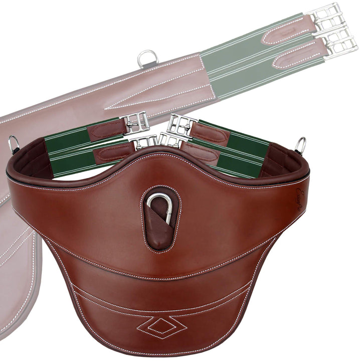 ExionPro Thick Lined Fancy Belly Guard Girth with Leather/Sheepskin Padding and Snap Hook - Green Elastic with White Lines-Girths-Bridles & Reins