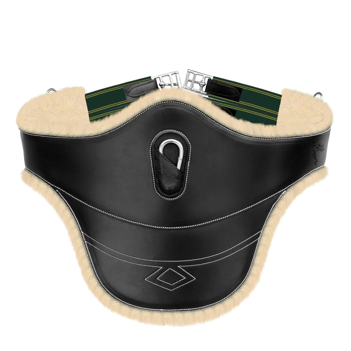 ExionPro Thick Lined Fancy Belly Guard Girth with Leather/Sheepskin Padding and Snap Hook - Green Elastic with Yellow Lines-Girths-Bridles & Reins