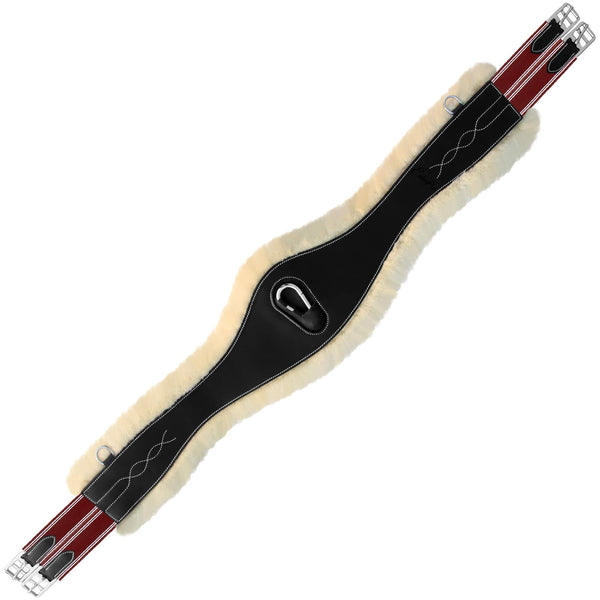 ExionPro Fancy Stitched Snap Over Lay Girth with Leather/Sheepskin Padding - Burgundy Elastic with White Lines-Girths-Bridles & Reins