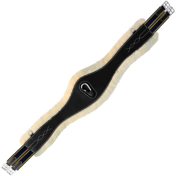 ExionPro Snap Over Lay Girth with Leather/Sheepskin Padding - Navy Blue Elastic with Yellow Lines-Girths-Bridles & Reins