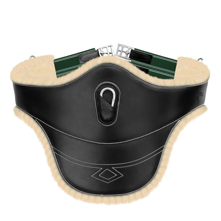 ExionPro Thick Lined Fancy Belly Guard Girth with Leather/Sheepskin Padding and Snap Hook - Green Elastic with White Lines-Girths-Bridles & Reins