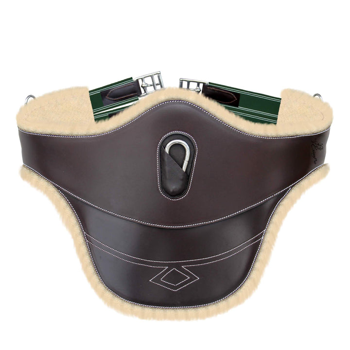 ExionPro Thick Lined Fancy Belly Guard Girth with Leather/Sheepskin Padding and Snap Hook - Green Elastic with White Lines-Girths-Bridles & Reins