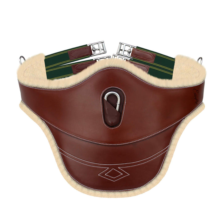 ExionPro Thick Lined Fancy Belly Guard Girth with Leather/Sheepskin Padding and Snap Hook - Green Elastic with Yellow Lines-Girths-Bridles & Reins