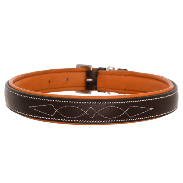 ExionPro Fancy Stitched Padded Leather Dog Collar - Conker Padding-Dog Collars-Bridles & Reins